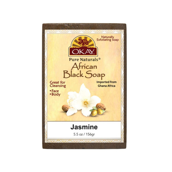 OKAY  African Black Soap with Jasmine  For All Skin Types  Cleanses and Exfoliates  Nourishes and Heals  Free of Sulfate Silicone  Paraben  5.5 oz