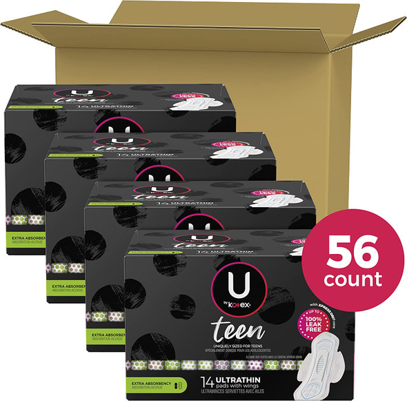 U by Kotex Teen Ultra Thin Feminine Pads with Wings ExtrAbsorbency Unscented 56 Count 4 Packs of 14 Packaging May Vary