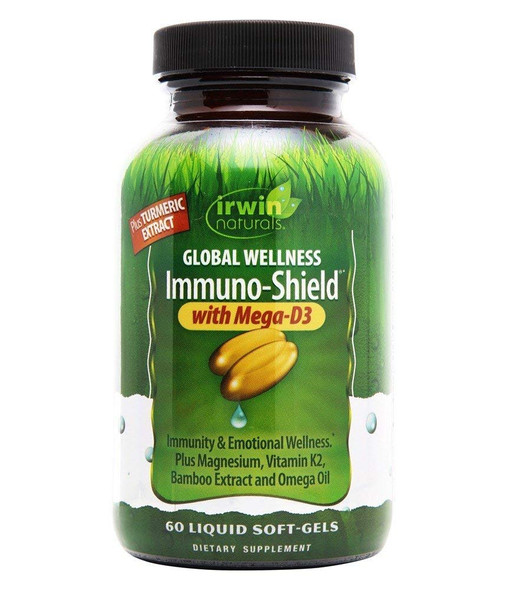 Immuno-Shield with Mega-D3 60 Softgels Irwin Naturals, Immunity & Emmotional Wellness, Plus Magnesium, Vitamin K-2, Bamboo Extract and Omega Oil