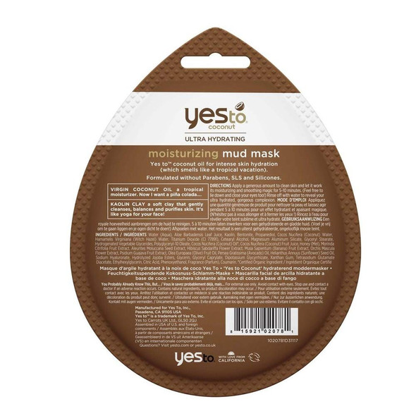 Yes To Coconut UltraHydrating Moisturizing Mud Mask  Single Use  For Dry Skin  Coconut Oil and Kaolin Clay To Hydrate and Smooth Skin