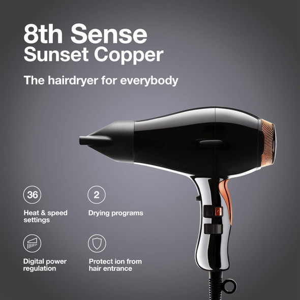 Elchim 8th Sense Hair Dryer with 36 Heat  Speed Settings Sunset Copper  Professional Blow Dryer with 2 Concentrators  1 Diffuser  Quick Drying Quiet and Lightweight