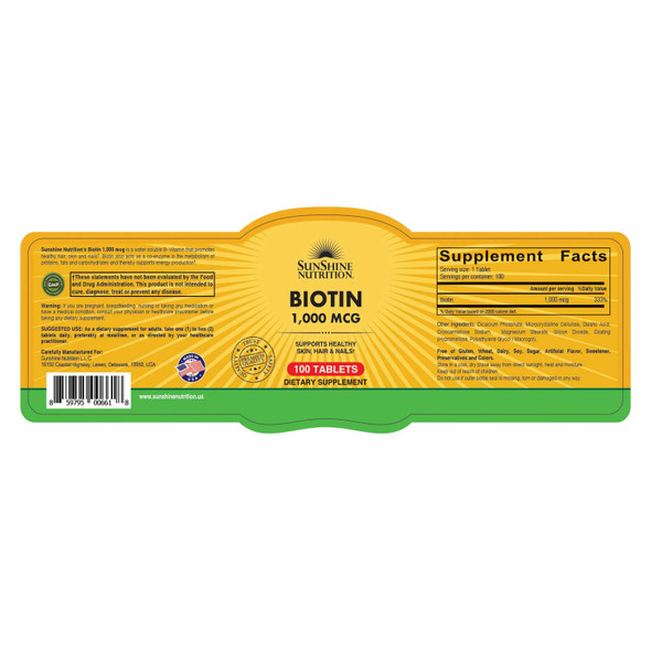 Sunshine Nutrition Biotin 1000 mcg 100 Tablets Sunshine Nutrition Biotin 1000 mcg 100 Tablets