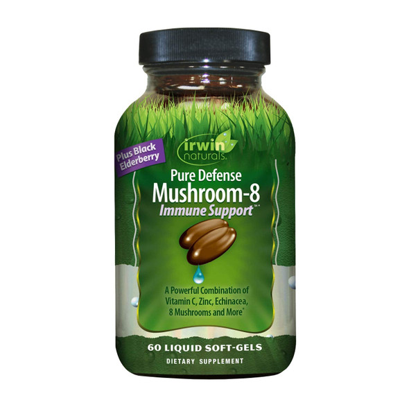 Irwin Naturals Pure Defense Mushroom-8 Powerful & Robust Immune Support Supplement with 8 Organic Mushroom Blend, Vitamin C & D3, Echinacea & Black Elderberry - Maximum Potency - 60 Liquid Softgels
