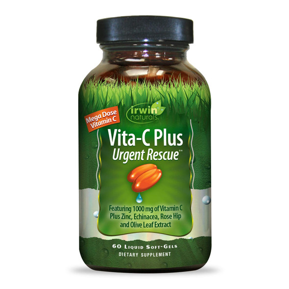 Irwin Naturals Vita-C Plus Urgent Rescue 1,000mg Mega Dose Vitamin C Immune Support Supplement - Botanical Immunity Boost with Zinc, Echinacea, Rose Hip & Olive Leaf Extract - 60 Liquid Softgels