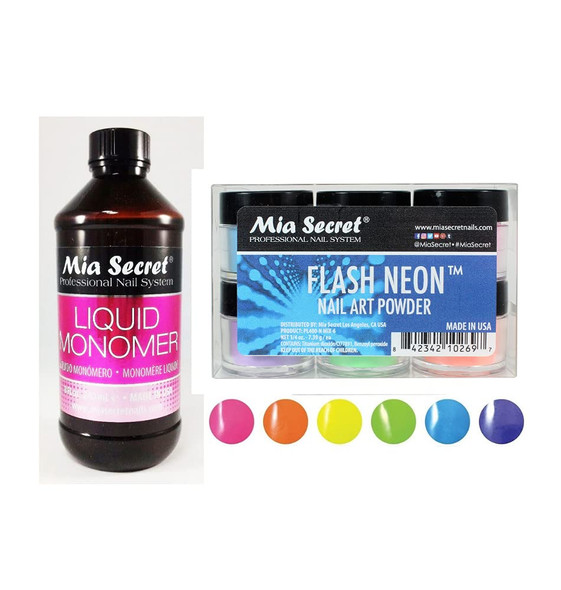 Mia Secret  Monomer 8 oz + Flash Neon 6 Colors Set