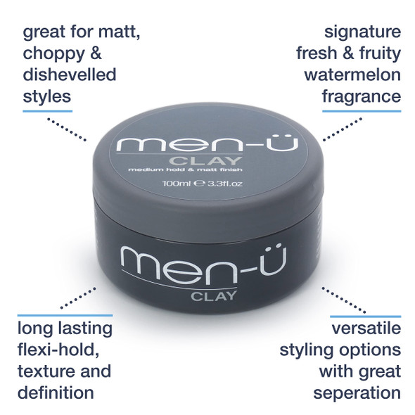 menu hair CLAY 100ml mens hair products  Great for matt choppy and dishevelled styles. SIGNATURE WATERMELON FRAGRANCE  Mens hair wax w/medium hold  matt finish. Single walled 100ml styling puck