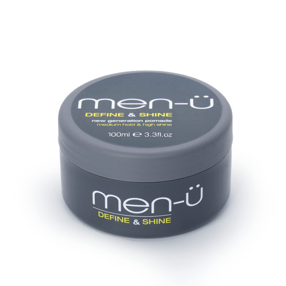 menu pomade for men DEFINE  SHINE 100ml  Hair pomade w/ medium hold and high shine. Helps tone down grey hair  washes out easily  Mens hair products by menu Single walled 100ml styling puck.