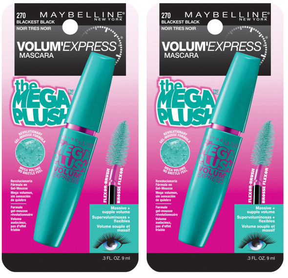 Maybelline New York Volum Express The Mega Plush Washable Mascara Makeup Blackest Black 2 Count Washable Blackest Black