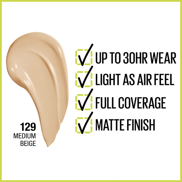 Maybelline New York Liquid Foundation Makeup Full Coverage Liquid and Up To 24 Hour Wear Soft Matte Finish Medium Beige 129 MEDIUM BEIGE 1.0 Ounce