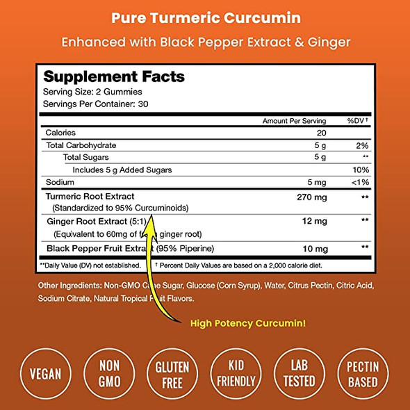 Turmeric Gummies for Adults & Kids with Ginger & Black Pepper Extract | 95% Curcuminoids | Vegan Natural Curcumin Joint Support & Inflammation Supplement | Tumeric Gummy Supplements