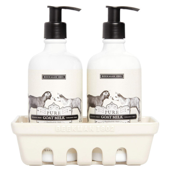 Beekman 1802  Hand Care Caddy Set  Pure Goat Milk  FragranceFree Goat Milk Wash  Lotion Set for Dry Hands  Naturally Rich in Lactic Acid  CrueltyFree Bodycare  Set of 2 12.5 oz Each