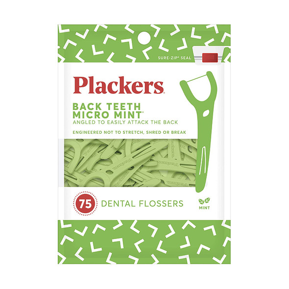 Plackers Back Teeth Micro Mint Dental Flossers Delicious Mint Flavor Provides Easy Access for Back Teeth Builtin Protected Pick Easy Storage 75 Count Pack of 1