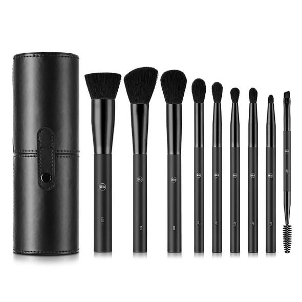 Lurella Cosmetics Onyx Brush Set Essential 9 Pcs Makeup Brushes Made With Ultra Soft Synthetic Bristles  Includes Black Traveling Case. Convenient and Easy for Daily Makeup Use.