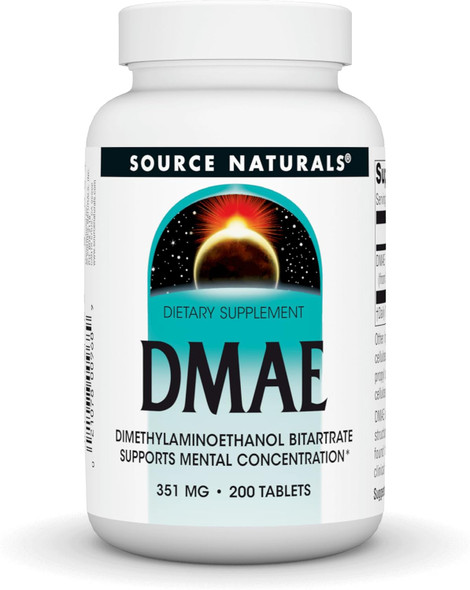 Source Naturals Dmae, Dimethylaminoethanol Bitartrate - Supports Mental Concentration - 200 Tablets