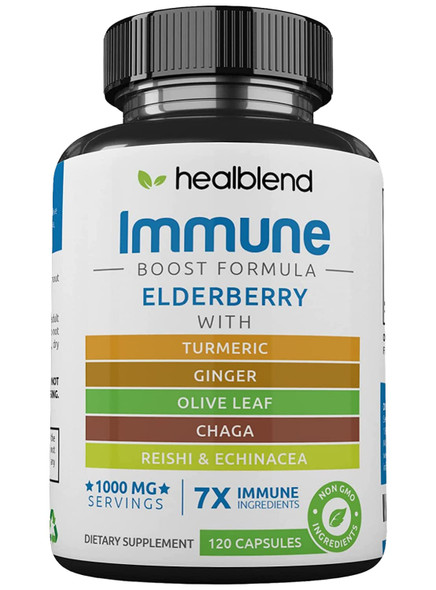 Immune Support Capsules Elderberry with Olive Leaf, Echinacea, Ginger, Chaga & Turmeric Blend - High Potency Immunity Boost Supplement - Immune System Booster Supplement, 120 Veg Capsules