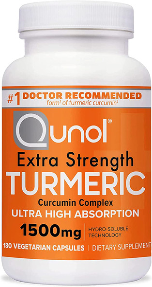 Turmeric Curcumin Capsules Qunol with Ultra High Absorption 1500mg Joint Support Supplement Extra Strength Tumeric Vegetarian Capsules 2 Month Supply 180 Count Pack of 1