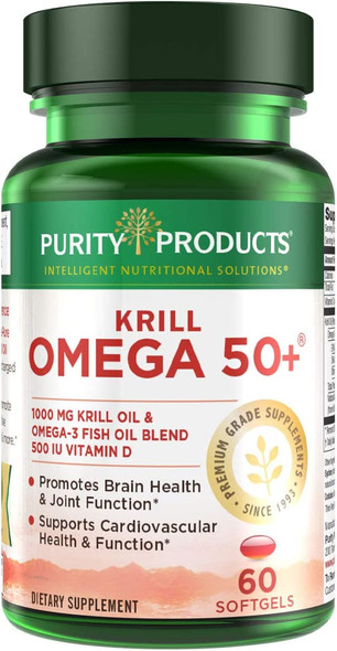 Krill Omega 50 by Purity Products  Krill  Fish Oil Blend 1000mg  Astaxanthin 500mcg  Phospholipids 200mg  Vitamin D 500 IU  60 Mini Softgels