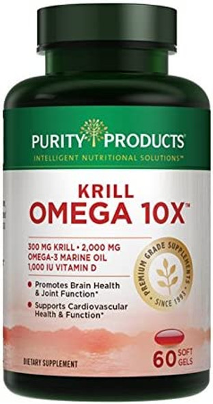 Krill Omega3 10x More EPA and DHA Super Formula by Purity Products  Featuring The Premier NKO Krill Oil  Supports Joint Comfort  Flexibility  LemonLime Flavor 60 SoftGels 30 Day Supply