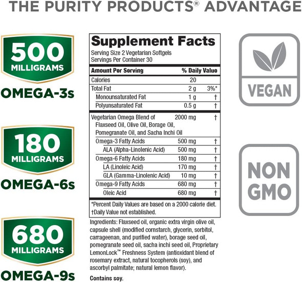 Omega 369 Vegan and Vegetarian Omega Formula  5 in 1 Essential Fatty Acid Complex  Scientifically Formulated PlantBased Omega 3 6 9 Essential Fatty Acids EFA  from Purity Products 60