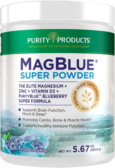 MagBlue Super Powder by Purity Products  Elite Magnesium Bisglycinate Chelate Buffered Powder Organic Blueberries  Key CoFactors Vitamin D3 Zinc Boron  BlueberryBlast Flavor  30 Servings