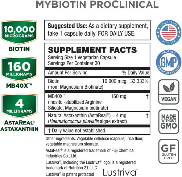 MyBiotin ProClinical w/ Astaxanthin  Purity Products  Healthier Skin  Hair in 3 Weeks  Patented Biotin Matrix  40x More Soluble vs Ordinary Biotin  Hair Skin  Nails Super Formula  30 Veg Caps