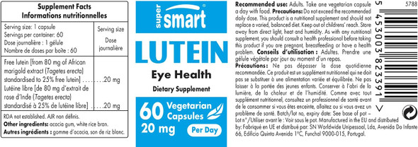 Supersmart  Lutein 20 mg Per Day  Marigold Extract Standardized to 25  Eye Care Supplement  100 Natural  NonGMO  Gluten Free  60 Vegetarian Capsules