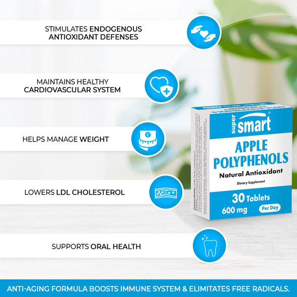 Supersmart  Apple Polyphenols 600 mg Per Day  Apple Extract Standardized to 80 Polyphenols  5 Phloridzin  Natural Supplement for Longevity  Anti Aging  NonGMO  Gluten Free  30 Tablets