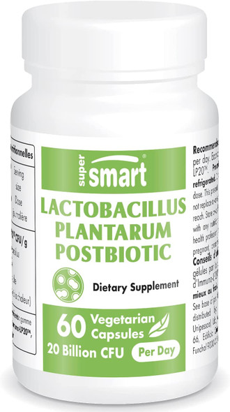 Supersmart  Lactobacillus Plantarum PostBiotic  20 Billion CFU Per Day  Ultimate Probiotics for Digestive Health  Flora  Immune Support Supplement  NonGMO  Gluten Free  60 Vegetarian Capsules