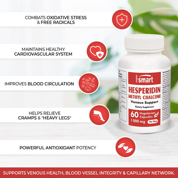 Supersmart  Hesperidin Methyl Chalcone 1000 mg Per Day  Citrus Aurentium Standardized to 99  Support Healthy Blood Circulation  NonGMO  Gluten Free  60 Vegetarian Capsules