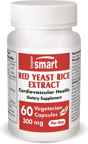 Supersmart  Red Yeast Rice Extract 300 mg Per Day  Natural Source of Statin  NonGMO  Gluten Free  60 Vegetarian Capsules