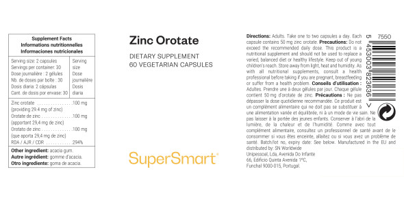 Supersmart  Zinc Orotate 100 mg Per Serving  Essential for Over 80 Enzymes  Minerals Supplement  Support Good Cellular  Enzymatic Processes  NonGMO  Gluten Free  60 Vegetarian Capsules Supersmart  Zinc Orotate 100 mg Per Serving  Essential for Over 80 Enzymes  Minerals Supplement  Support Good Cellular  Enzymatic Processes  NonGMO  Gluten Free  60 Vegetarian Capsules