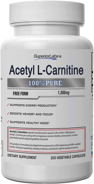 Superior Labs  Acetyl LCarnitine 1000mg  200 caps  Maximum Absorption  Pure Vegetable Capsules  Zero Synthetic Additives  Superior Absorption