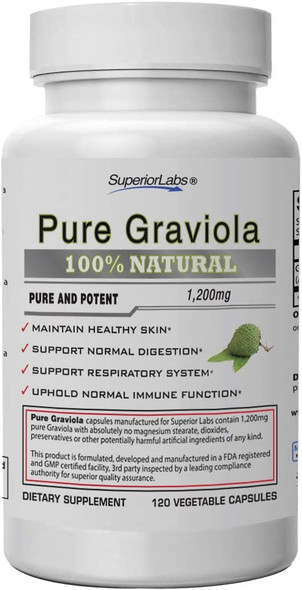 Superior Labs  Pure Natural Graviola NonGMO  1200mg 120 Vegetable Caps Natural Dietary Soursop Supplement  Healthy Skin  Helps Promotes Cell Growth  Respiratory System  Balanced Mood