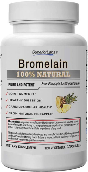 Superior Labs  Best Bromelain Non GMO Natural Supplement  NonSynthetic  2400 gdu/Gram  Supports Healthy Digestion  Inflammatory Responses Bruises Immune  Extra Strength  500 mg 120 VCaps