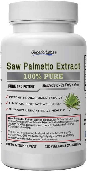 Superior Labs  Saw Palmetto Extract NonGMO Non Synthetic 300 mg Dosage 120 Vegetable Capsules  Supports Urinary Tract Flow  Frequency