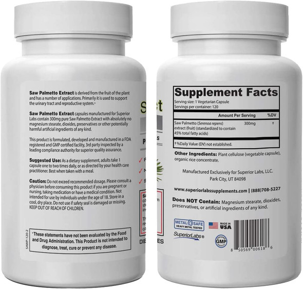 Superior Labs  Saw Palmetto Extract NonGMO Non Synthetic 300 mg Dosage 120 Vegetable Capsules  Supports Urinary Tract Flow  Frequency