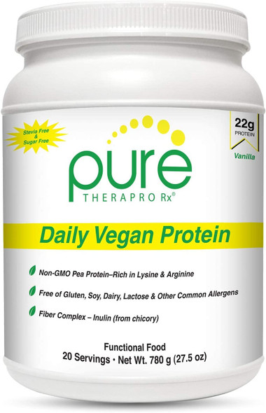 Daily Vegan Protein Vanilla  20 servings NEW BIGGER SIZE  22 grams of Organic Yellow Pea Protein  Aminogen  Sugar Free  Sweetened with Monk Fruit  8g of Fiber Inulin from chicory  Amino Acid Score of 100