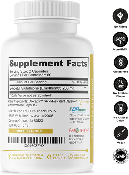 SAcetyl Glutathione GOLD  120 DRcaps AcidResistant  100mg Per Capsule  Patented Acetylated Form of Glutathione Emothion  24 Month Supply  ZERO Fillers / Flow Agents  Pharmaceutical Grade