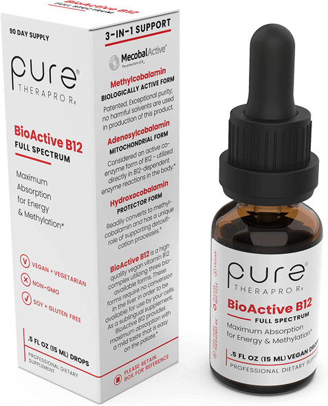 BioActive B12 Full Spectrum Sublingual Liquid 90Day Supply 4000 mcg in 4 Drops a Day  3 Best Forms Hydroxy Adenosyl  Methylcobalamin  Vegan  Non GMO  Lab Tested  0.5 FL Oz