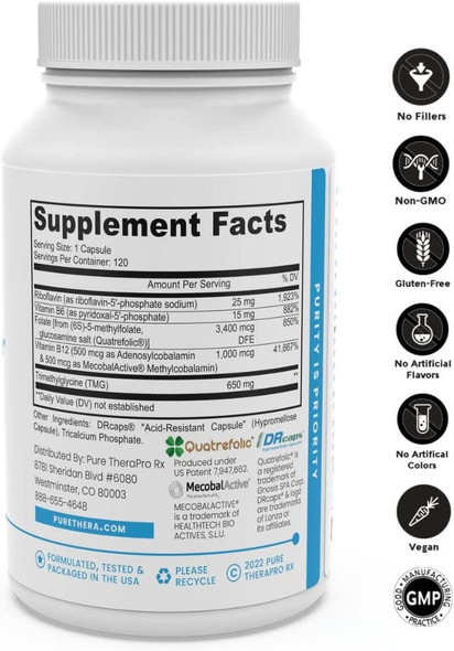 Methyl B Complete  120 Vegetable Capsules  B Vitamin Supplement for Optimal Methylation Support with Quatrefolic 5MTHF Active Folate Methylated B12 Coenzyme B2 B6  TMG  Non GMO  Lab Tested
