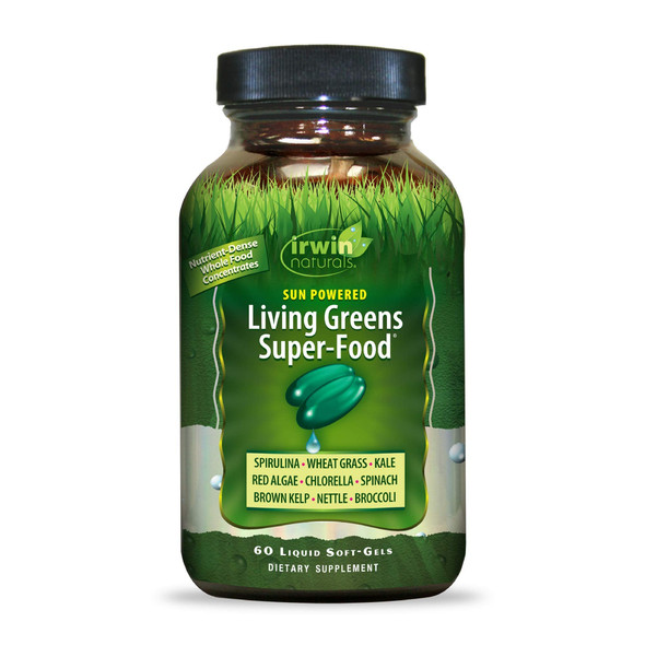 Irwin Naturals Sun Powered Living Greens Super-Food - Whole Food Concentrates with Spirulina, Wheat Grass, Chlorella, Digestive Enzymes & More - Energizing Nutritional Supplement - 60 Liquid Softgels