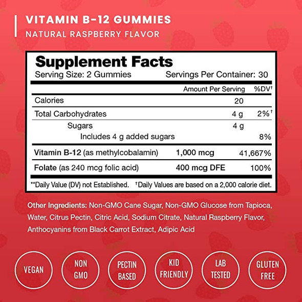Vitamin B12 Gummies for Adults & Kids | Methyl B-12 Premium Energy Gummies | Enhanced with B9 Vitamin Folate | Supports Natural Energy, Mood & Metabolism | Berry Flavor Vegan B12 Gummy Vitamins