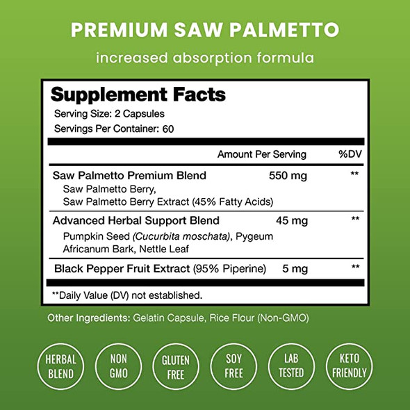 Saw Palmetto Supplement for Prostate Health [Extra Strength] 600mg Complex with Extract, Berry Powder & Herbs - Supports Healthy Urination Frequency, DHT Blocker & Hair Loss Prevention - 120 Capsules