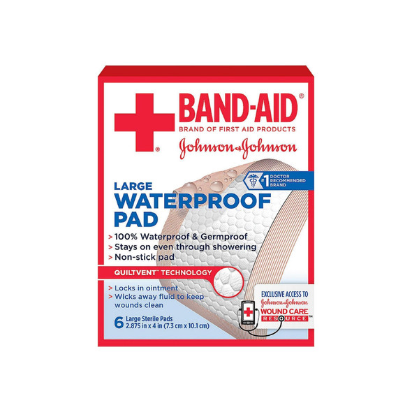 BAND-AID First Aid Sterile Waterproof Pads, Large 6 ea
