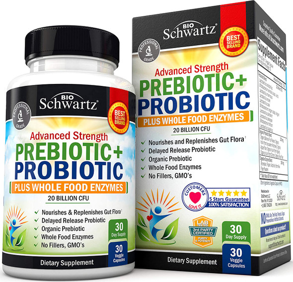 Prebiotics and Probiotic with Whole Food Enzymes for Adults Women  Men  Probiotics Lactobacillus Acidophilus  Digestive Health Capsules Shelf Stable Supplement  NonGMO Gluten  Dairy Free  30ct