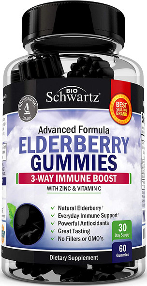 Elderberry Gummies with Zinc and Vitamin C  Immune Support for Women Men Adults  Immunity Vitamins Black Sambucus Elderberries  Immune System Defense  Powerful Natural Antioxidant Supplement 60ct