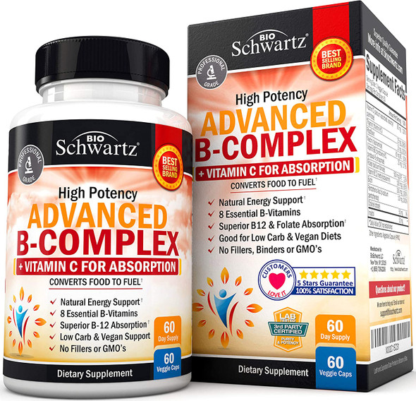 Vitamin B Complex with Vitamin C for Maximum Absorption  Methylcobalamin b12  Folate Folic Acid Supplement  Vitamins B1 B2 B3 B5 B6 B7 B9 for Immune Energy  Nervous System Support  NonGMO 60ct