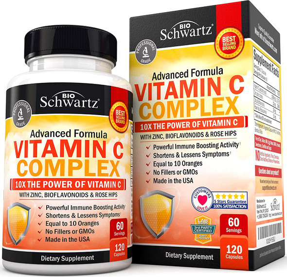 Vitamin C 1000mg Capsules with Zinc Rose Hips  Bioflavonoids  Immune Support Supplement with 10x The Power of Vitamin C  Shortens  Lessens Symptoms  Equal to 10 Oranges  120 Capsules