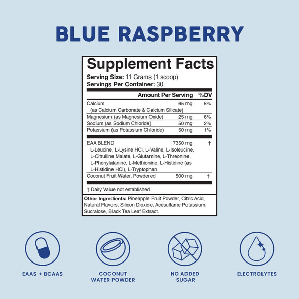 Bloom Nutrition Essential Amino Acids Powder  EAA  BCAA Supplement  Supports Lean Muscle and Hydration  Sugar Free EAAs  BCAAs  Intra  Post Workout Recovery  Energy Blue Raspberry