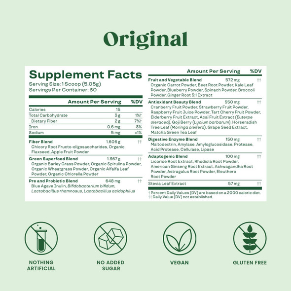 Bloom Nutrition Green Superfood  Super Greens Powder Juice  Smoothie Mix  Complete Whole Foods Organic Spirulina Chlorella Wheat Grass Probiotics Digestive Enzymes  Antioxidants Original